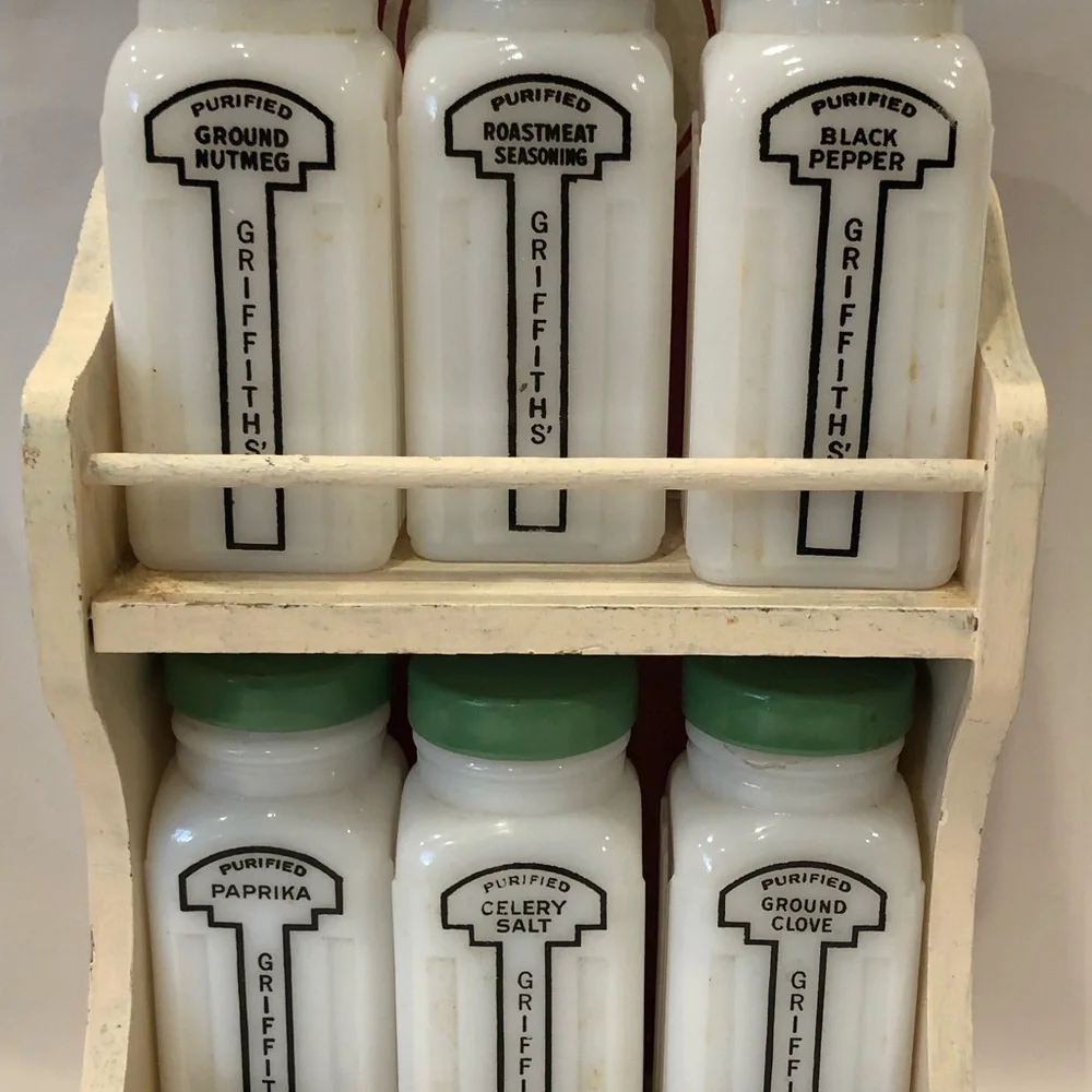 Vintage Griffith's Spice Jar Set In Holder Green Lids Used Milk White Rare-Read - Picture 13 of 16